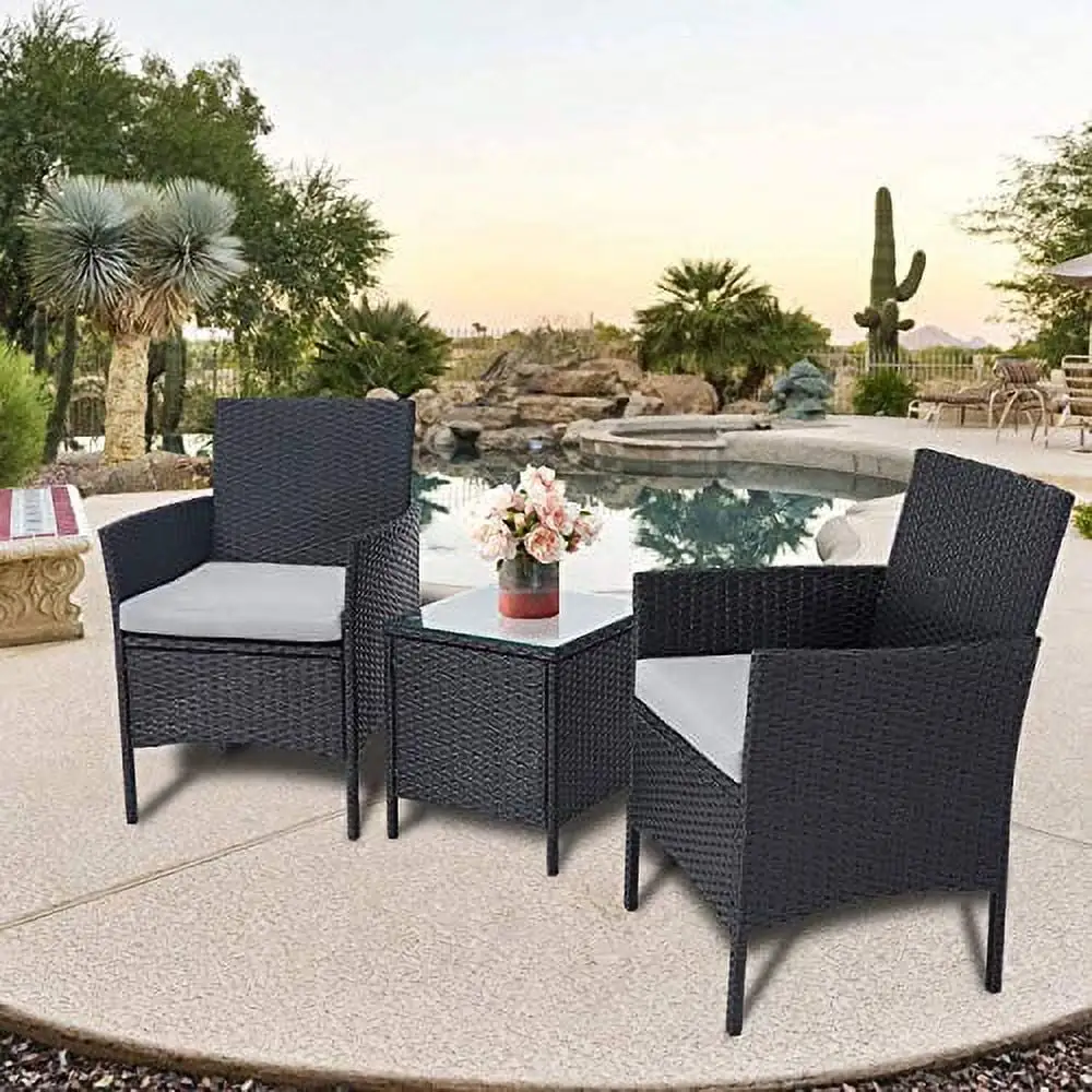 3 Pieces Patio Bistro Set Outdoor Black Wicker Furniture Chairs Garden Conversation Set with Glass Top Coffee Table (Black/Grey)