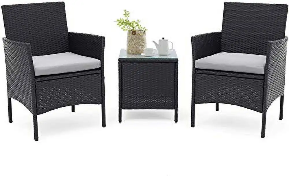 3 Pieces Patio Bistro Set Outdoor Black Wicker Furniture Chairs Garden Conversation Set with Glass Top Coffee Table (Black/Grey)