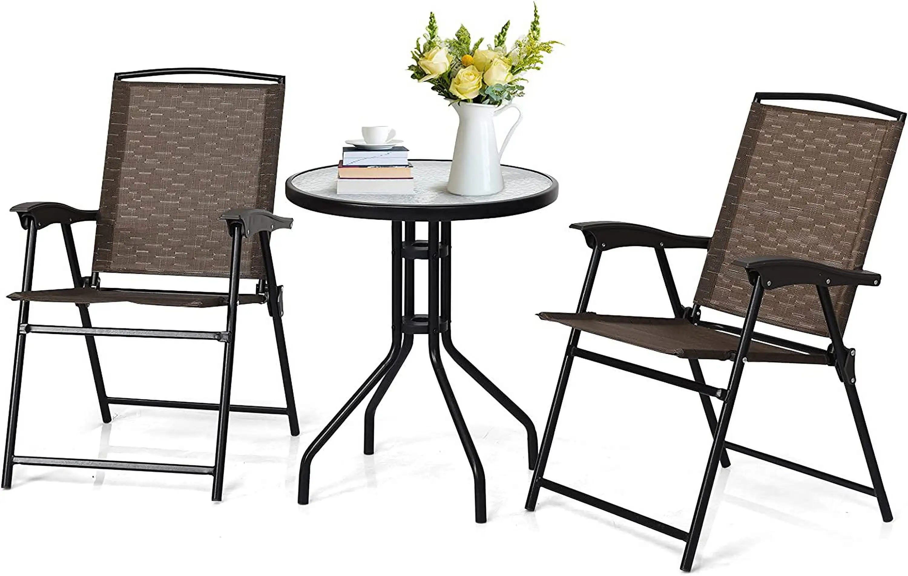 3 Pieces Patio Bistro Set. Outdoor Folding Chairs & Table Set with Tempered Glass Tabletop. Round Table & 2 Foldable Chairs. Small Outdoor Furniture Set for Garden. Poolside & Backyard