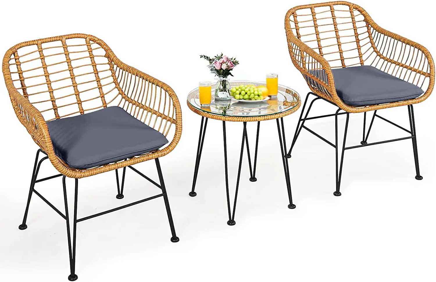 3 Pieces Patio Bistro Set. with 2 Cushioned Armchairs & Round Glass Coffee Table. for Balcony. Backyard. Garden. Poolside