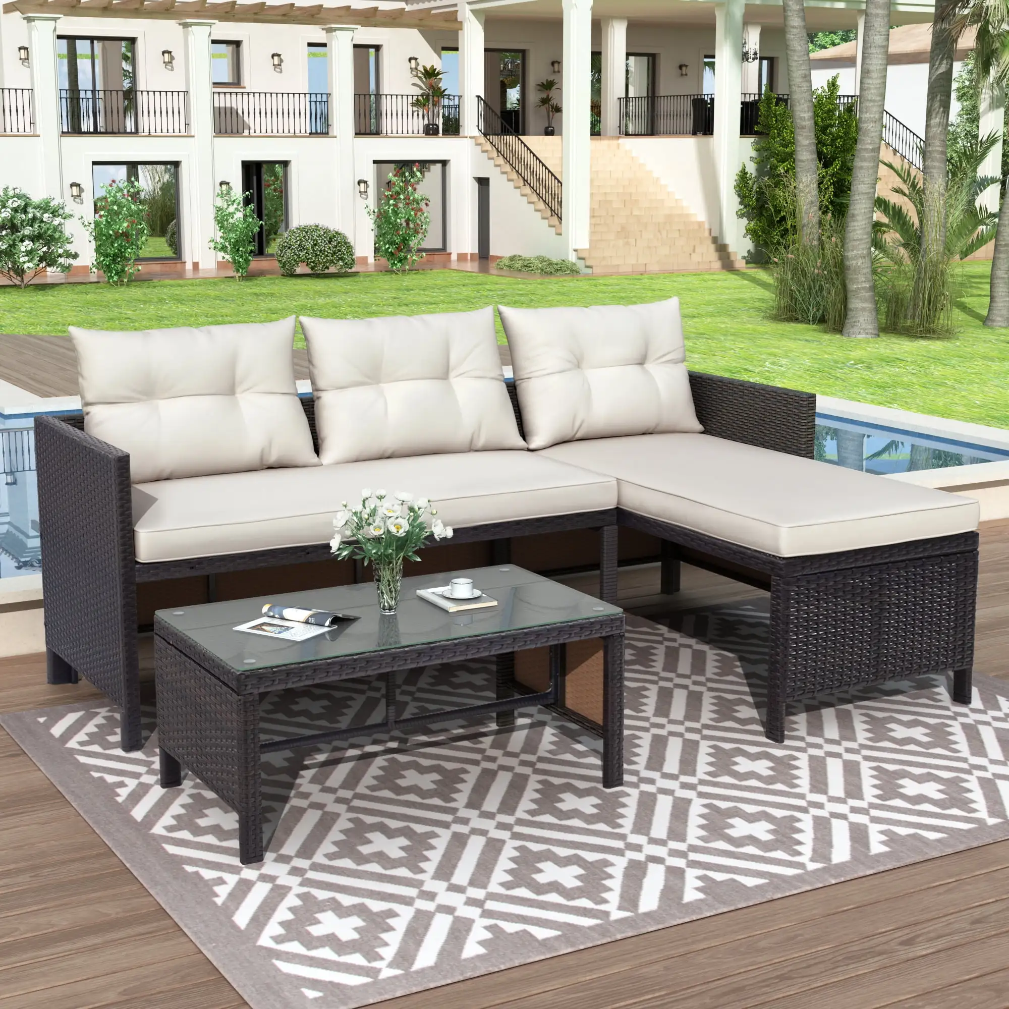 3 Pieces Patio Furniture Set. Outdoor Cushioned Sectional Sofa Set with Two-Seater Sofa. Lounge Sofa. Glass Coffee Table. PE Wicker Conversation Set for Backyard. Balcony. Poolside. Deck. D6027