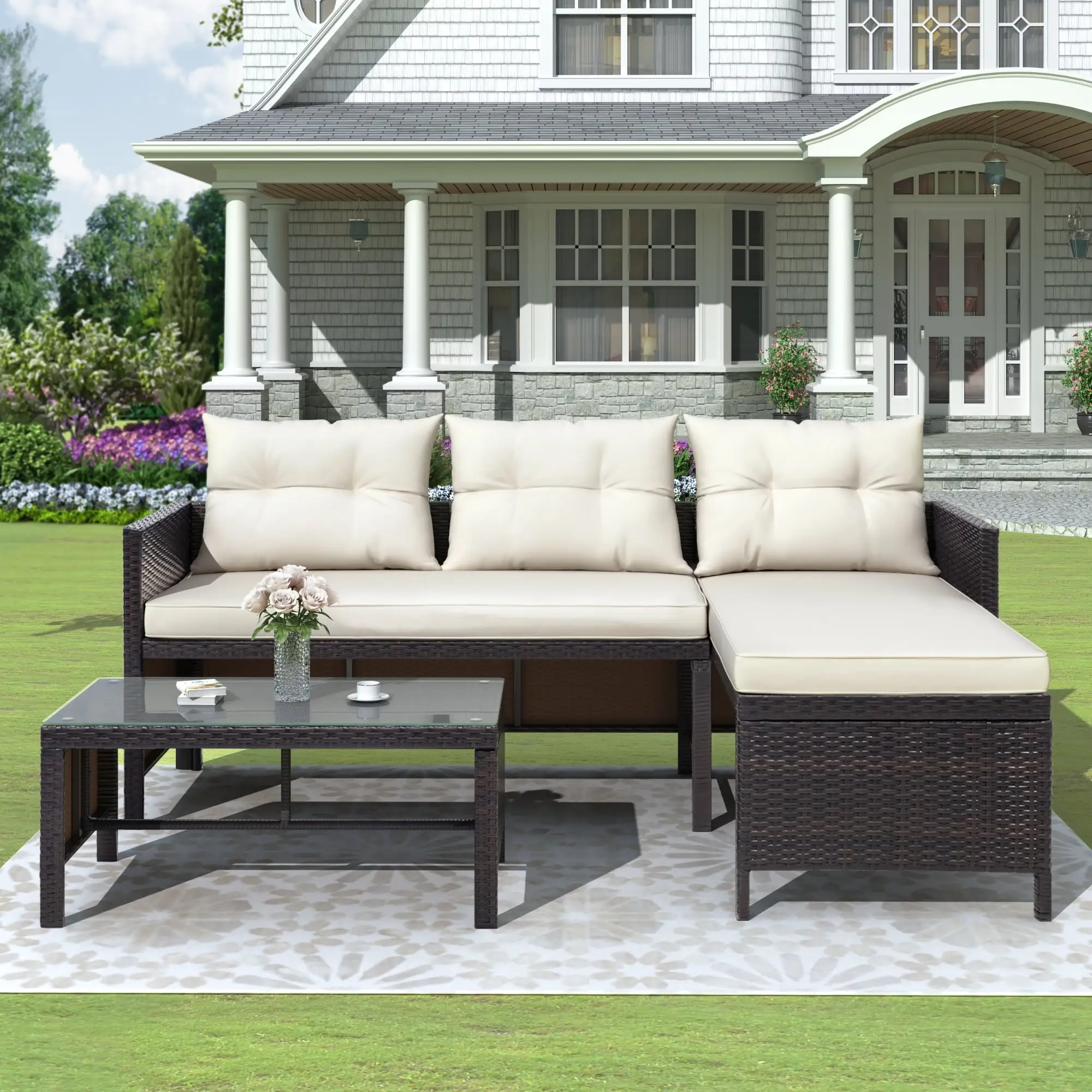 3 Pieces Patio Furniture Set. SYNGAR Outdoor Cushioned Sectional Sofa Set with Two-Seater Sofa. Lounge Sofa. Glass Coffee Table. PE Wicker Conversation Set for Backyard. Balcony. Poolside. Deck. D6028