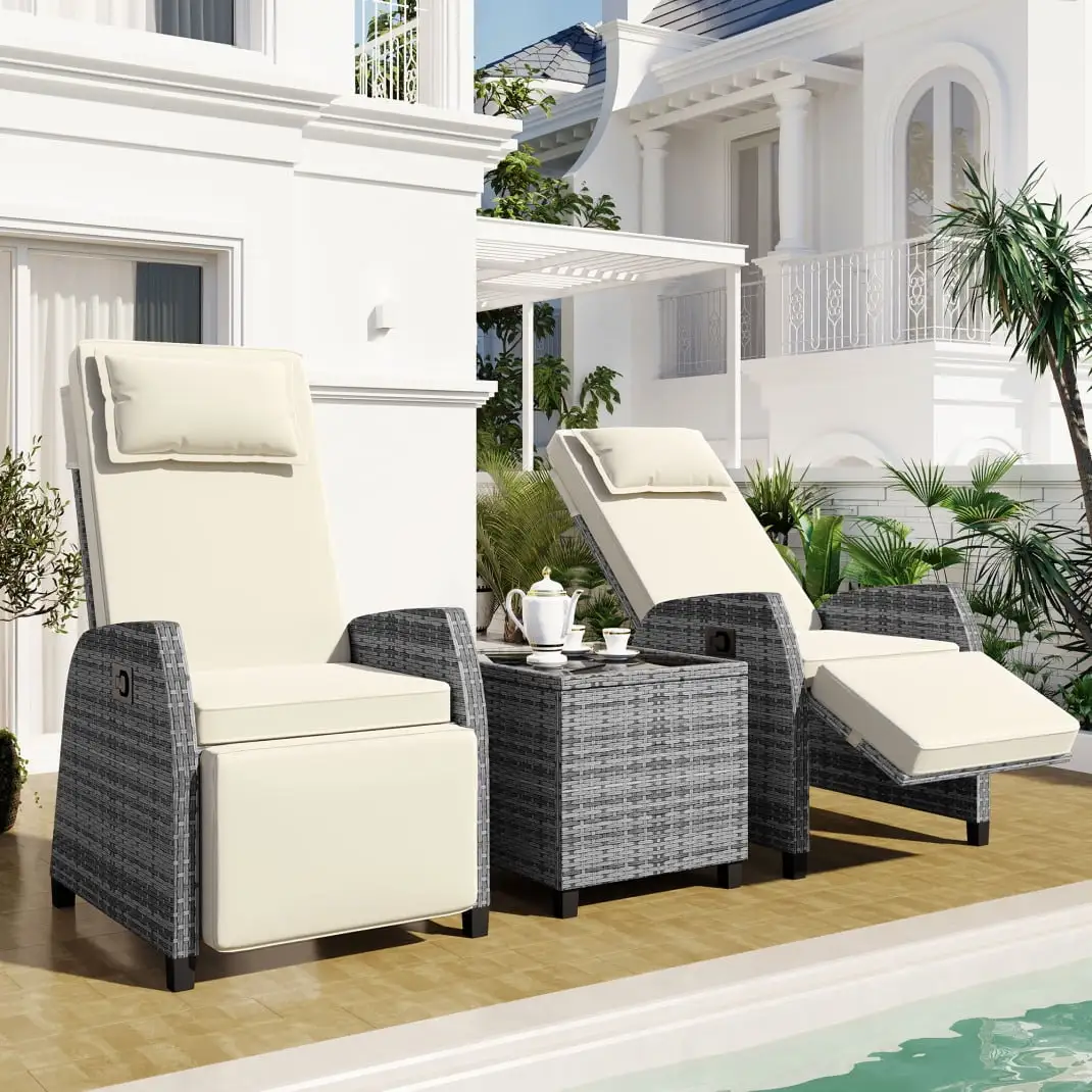 3 Pieces Patio Furniture Sets. Outdoor Rattan Wicker Two-Person Combination Sofa Set with Coffee Table and Adjustable Lounge Recliner Chair for Courtyard Swimming Pool Balcony. Beige