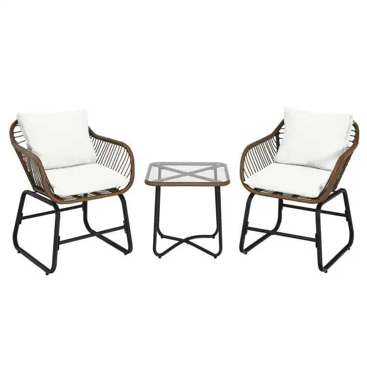 3 Pieces Patio Rattan Bistro Set. Outdoor Patio Rattan Conversation Bistro Set. Cushioned Chair Glass Table Deck-White