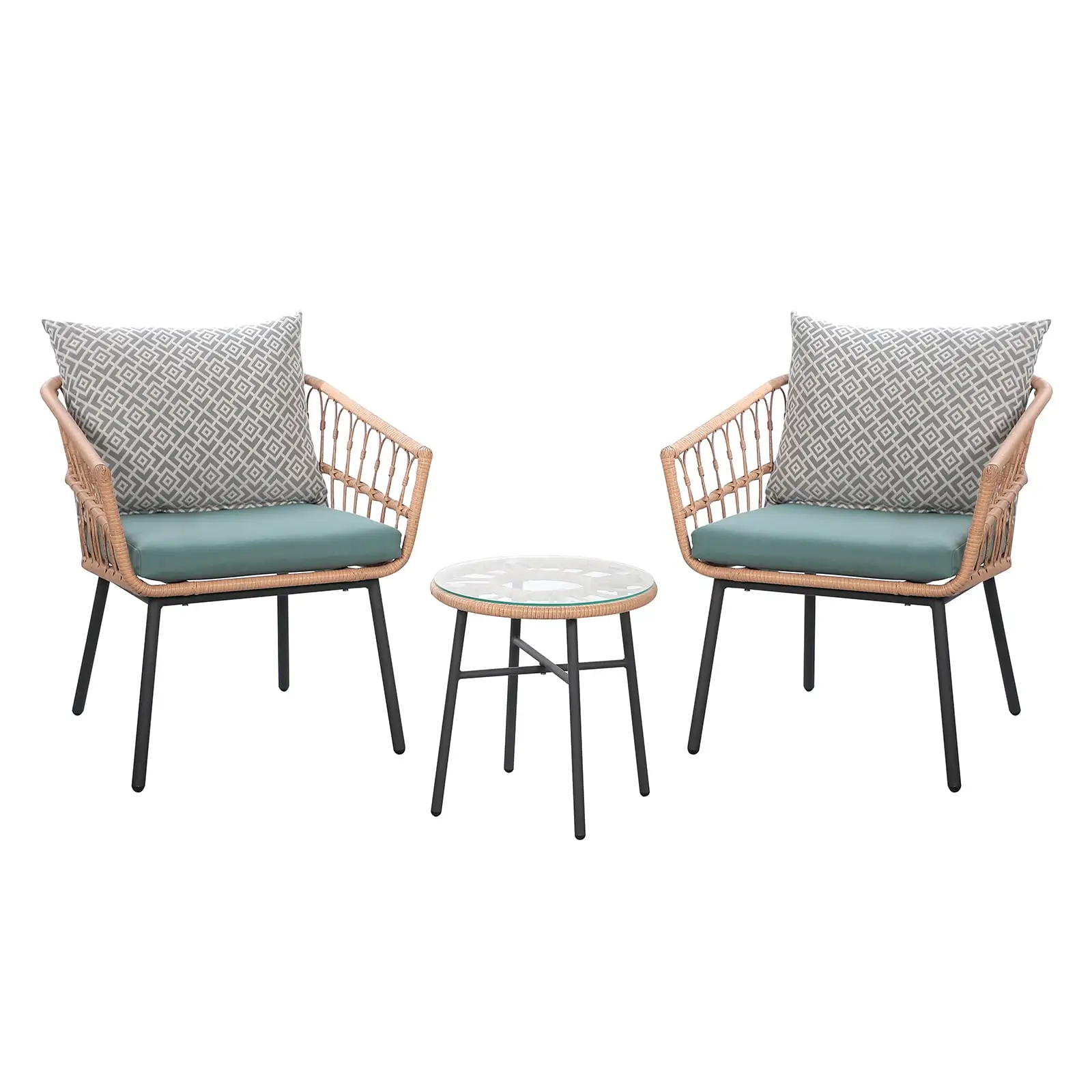 3 Pieces Patio Wicker Conversation Chair Set. Outdoor Furniture Seating with Table & Cushions for Porch. Backyard and Garden