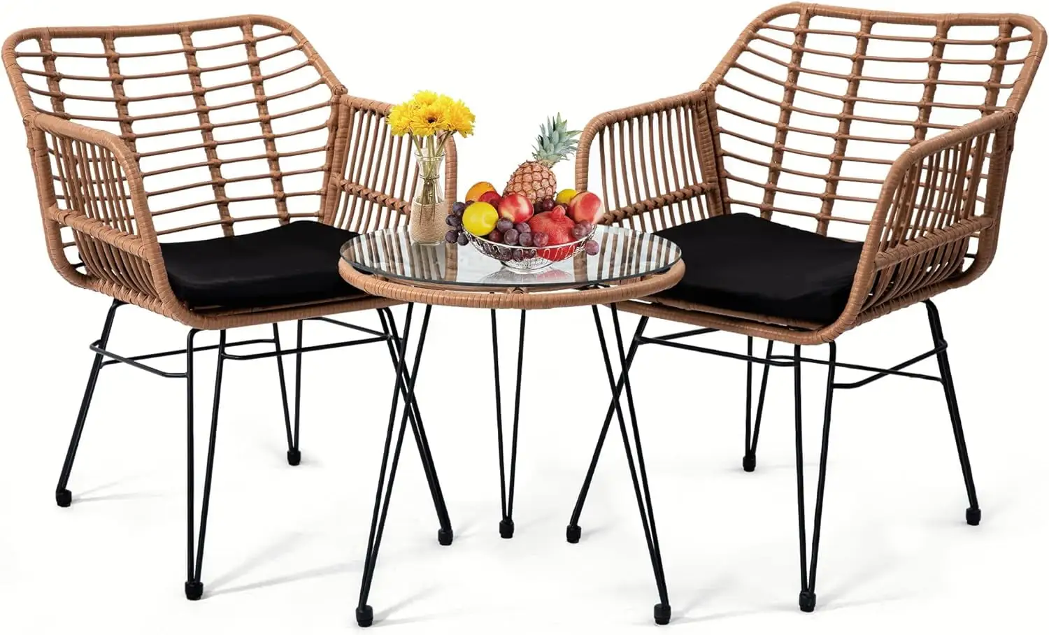 3 Pieces Wicker Patio Bistro Furniture Set. Includes 2 Chairs and Glass Top Table. Ideal for Porch. Outdoor. Backyard. Apartment. Balcony Natural Color