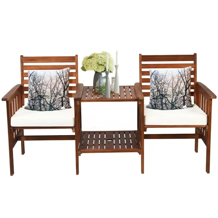 Spaco 3 pcs Outdoor Patio Table Chairs Set. Outdoor Patio Rattan Conversation Bistro Set with Acacia Wood Loveseat-White