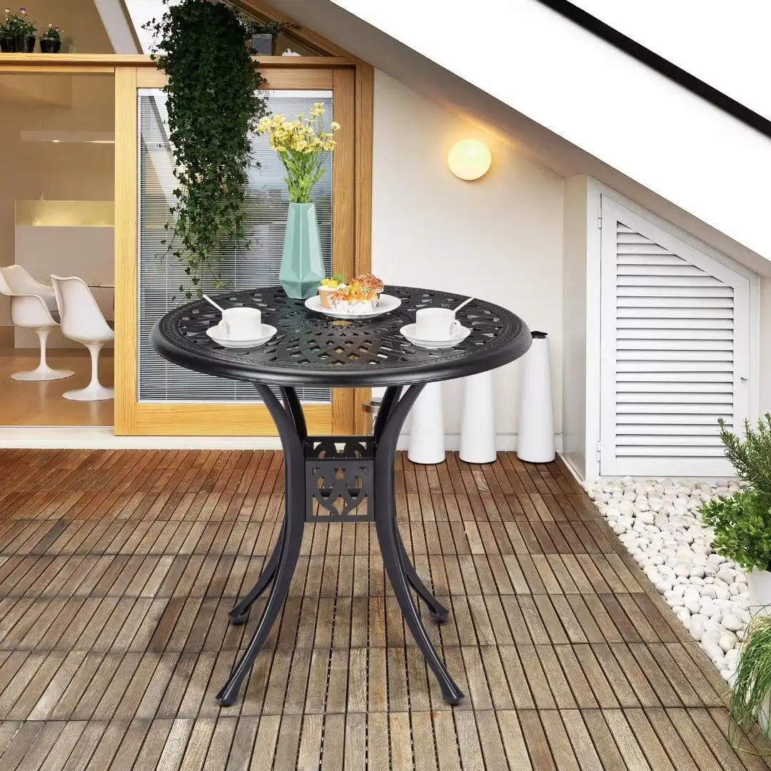 30.25 Cast Aluminum Round Patio Bistro Table with Umbrella Hole for Porch. Pool. Backyard. Garden