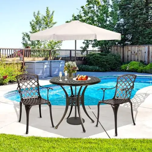 30.7 Round Patio Table Cast Aluminum Outdoor Dining Table Patio Table Bistro Table with Umbrella Hole for Garden.Backyard.Lawn and Balcony