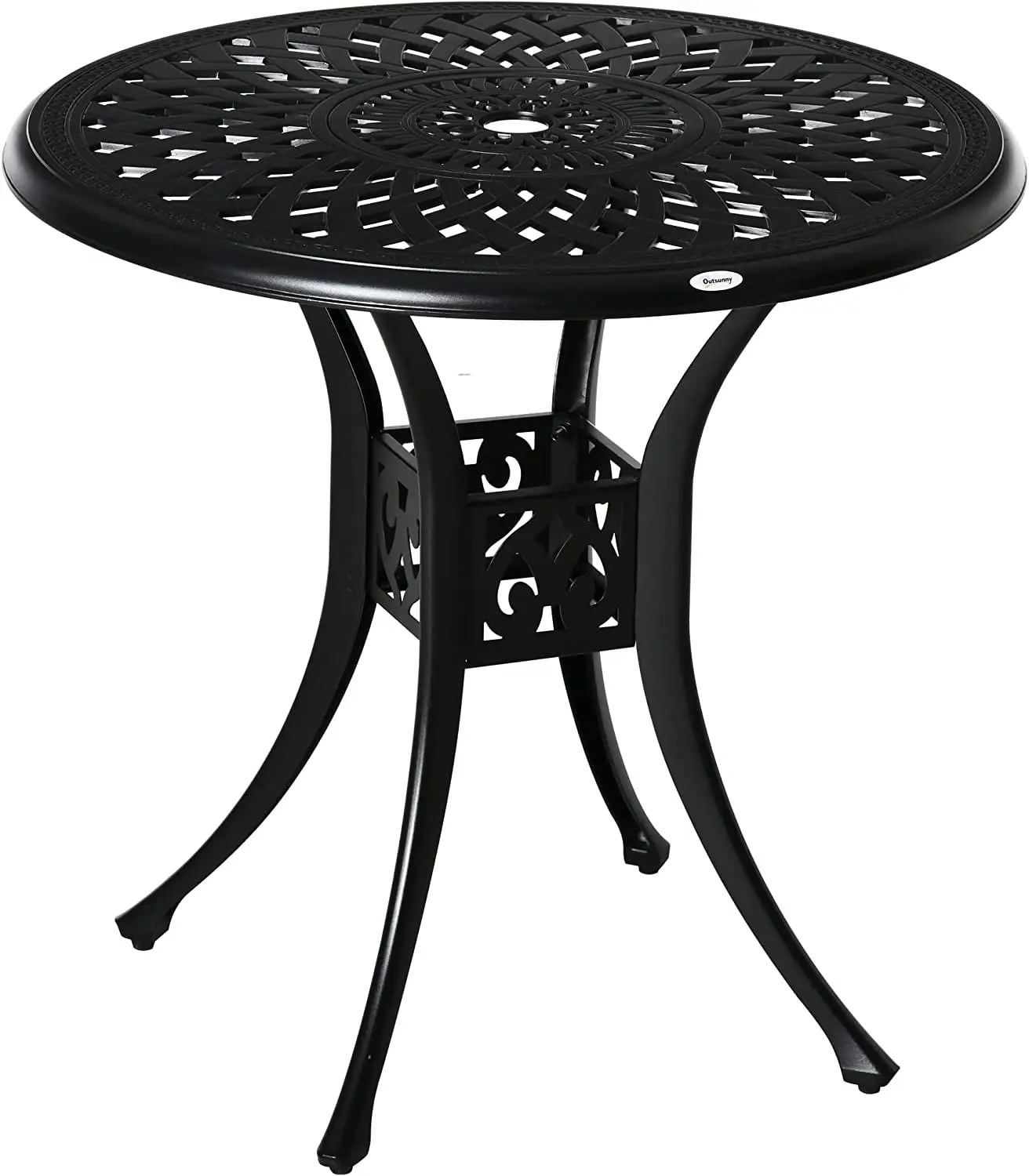 30 Round Patio Dining Table with Umbrella Hole. Antique Cast Aluminum Outdoor Bistro Table Only. Black