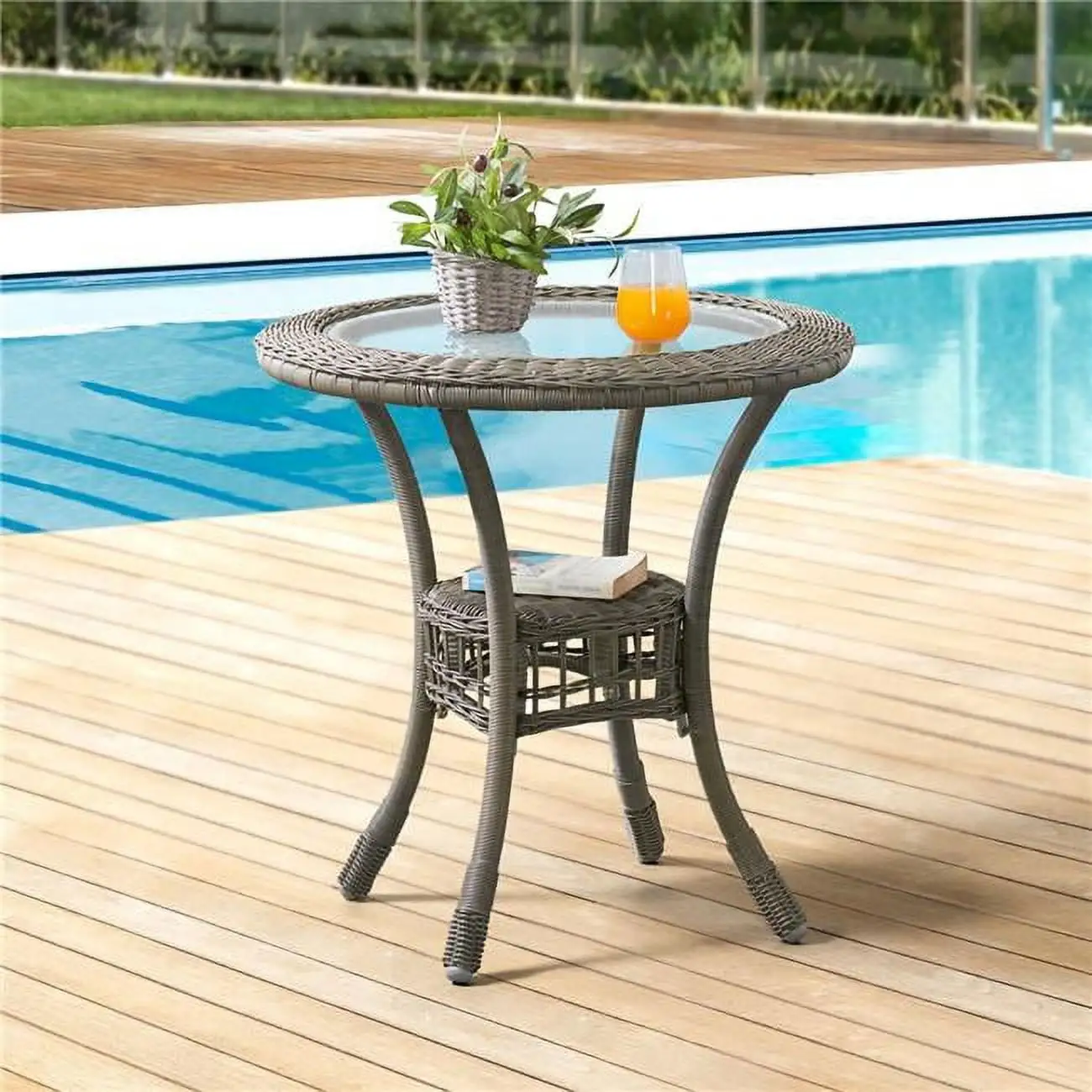 30 in. Carolina Diameter All-Weather Wicker Bistro Dining Table with Glass Top