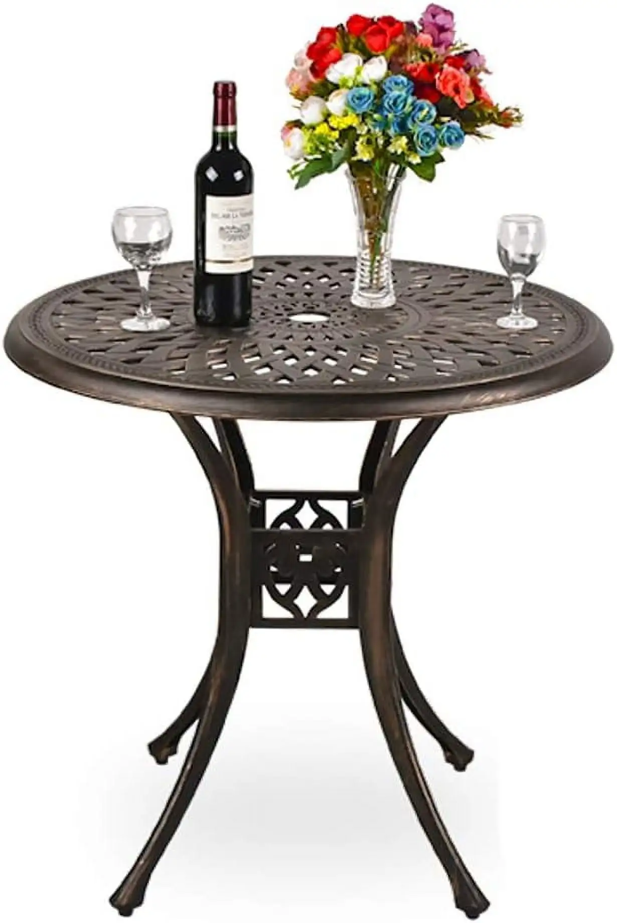 31 Diameter Round Cast Aluminum Dining Table.Outdoor Patio Bistro Table with Umbrella Hole Conversation Table