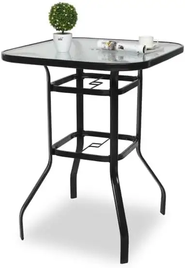 31 Inch Patio Bar Table. Square Outdoor Bar Height Bistro Table with Tempered Glass Tabletop & Umbrella Hole. Outdoor Cocktail Table for Patio Yard Poolside (Black)