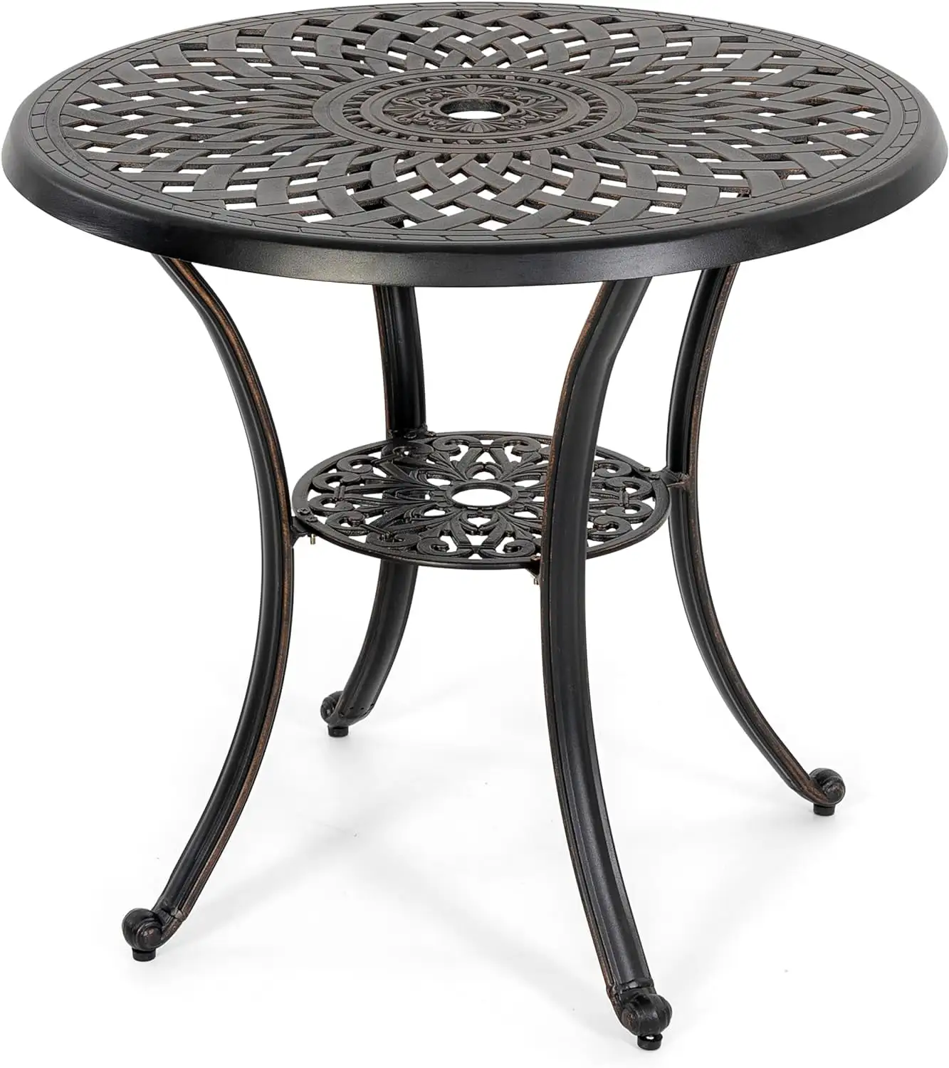 31 Inch Patio Dining Table. Cast Aluminum Patio Table with Umbrella Hole. Round Outdoor Bistro Table for Backyard. Garden. Patio. Porch. Black with Antique Bronze Edging