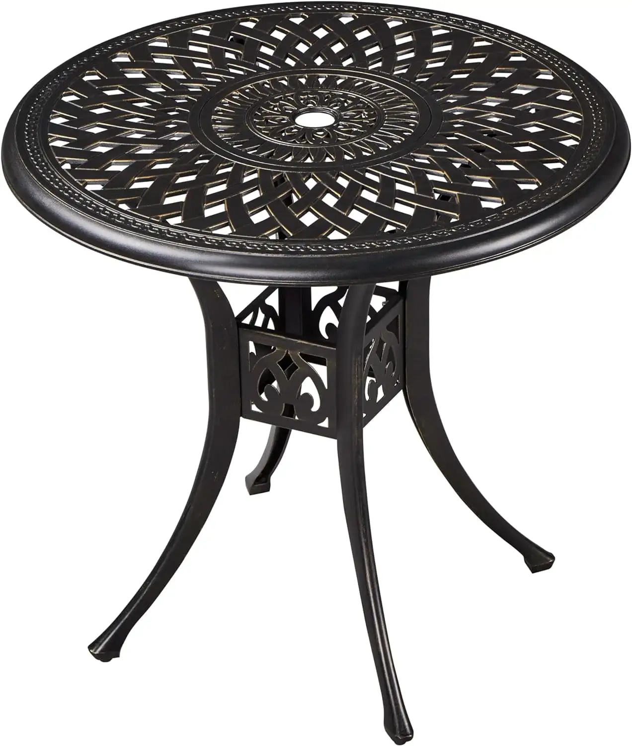 31in Cast Aluminum Patio Table with Umbrella Hole. Outdoor Round Anti-Rust Small Table with Umbrella Hole. Coffee Bistro Table. Outdoor Side Table for Porch. Backyard. Garden. Bronze