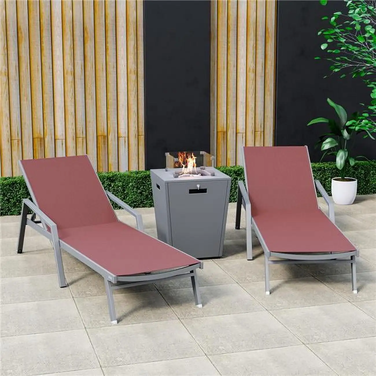 32.44 x 21.65 x 21.65 in. Marlin Modern Aluminum Outdoor Patio Chaise Lounge Chair with Arms & Square Fire Pit Side Table Perfect. Burgundy - Set of 2