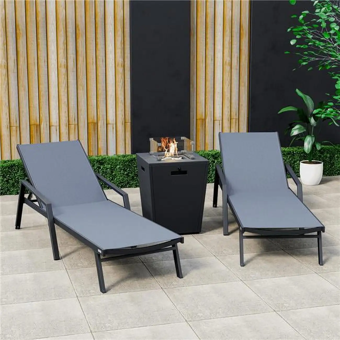 32.44 x 21.65 x 21.65 in. Marlin Modern Aluminum Outdoor Patio Chaise Lounge Chair with Arms & Square Fire Pit Side Table Perfect. Dark Grey - Set of 2