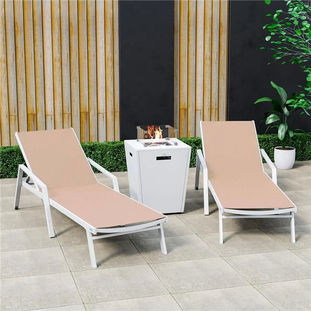 32.44 x 21.65 x 21.65 in. Marlin Modern Aluminum Outdoor Patio Chaise Lounge Chair with Arms & Square Fire Pit Side Table Perfect. Light Brown - Set of 2