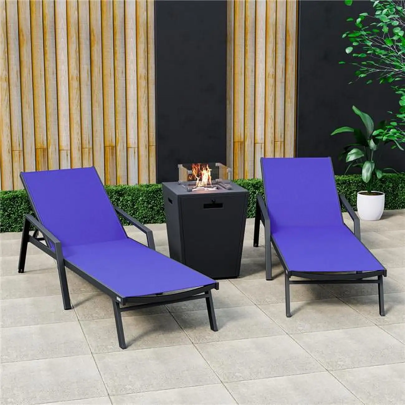 32.44 x 21.65 x 21.65 in. Marlin Modern Aluminum Outdoor Patio Chaise Lounge Chair with Arms & Square Fire Pit Side Table Perfect. Navy Blue - Set of 2