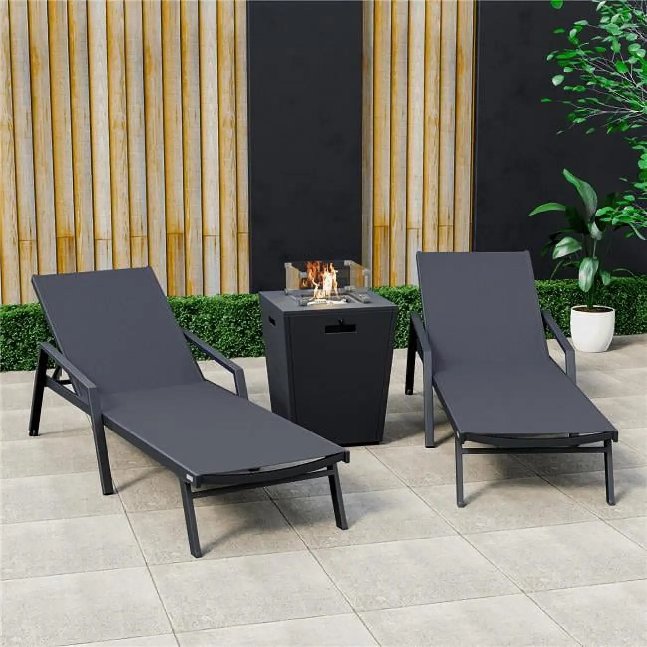 32.44 x 21.65 x 21.65 in. Marlin Modern Aluminum Outdoor Patio Chaise Lounge Chair with Arms & Square Fire Pit Side Table Perfect. Black - Set of 2