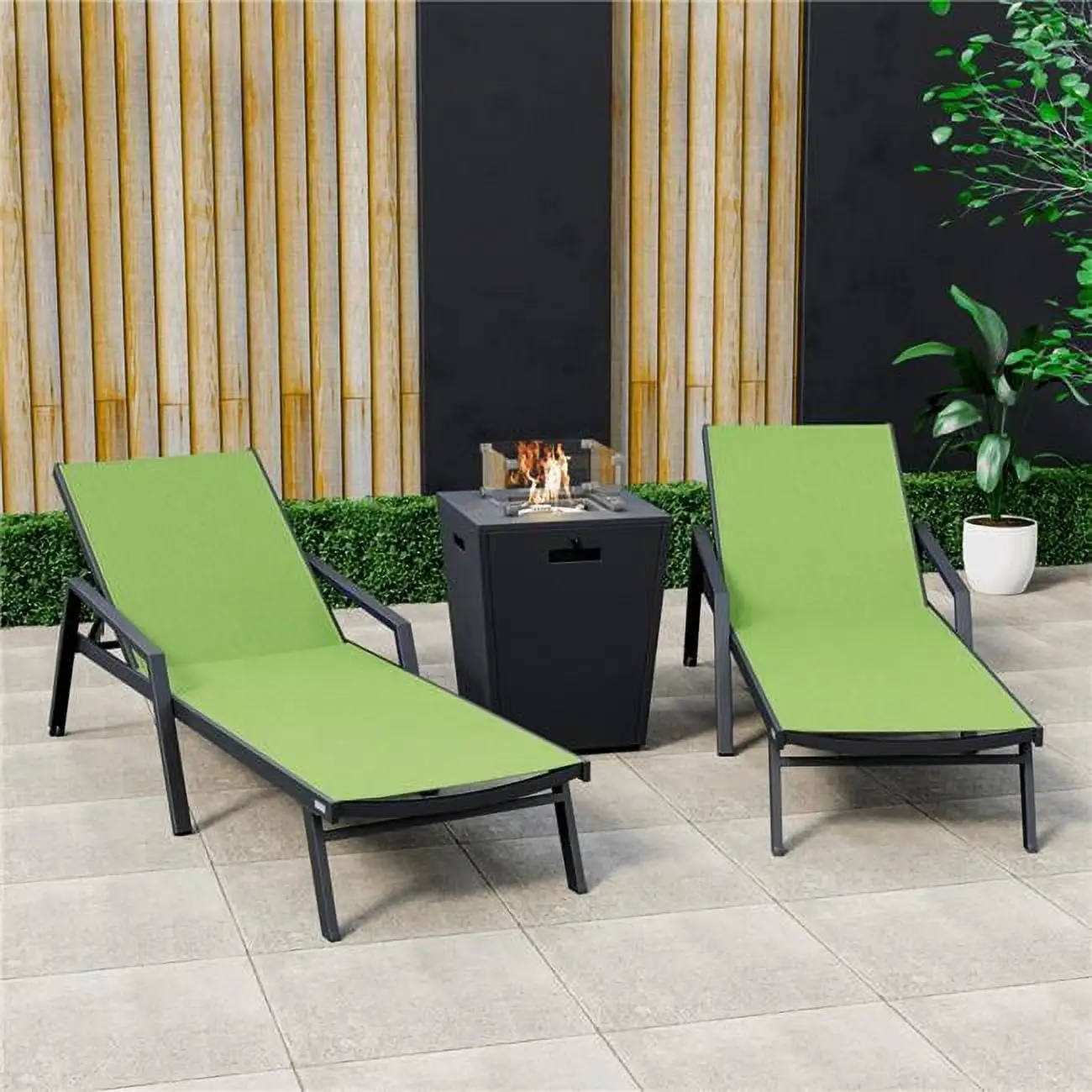 32.44 x 21.65 x 21.65 in. Marlin Modern Aluminum Outdoor Patio Chaise Lounge Chair with Arms & Square Fire Pit Side Table Perfect. Green - Set of 2