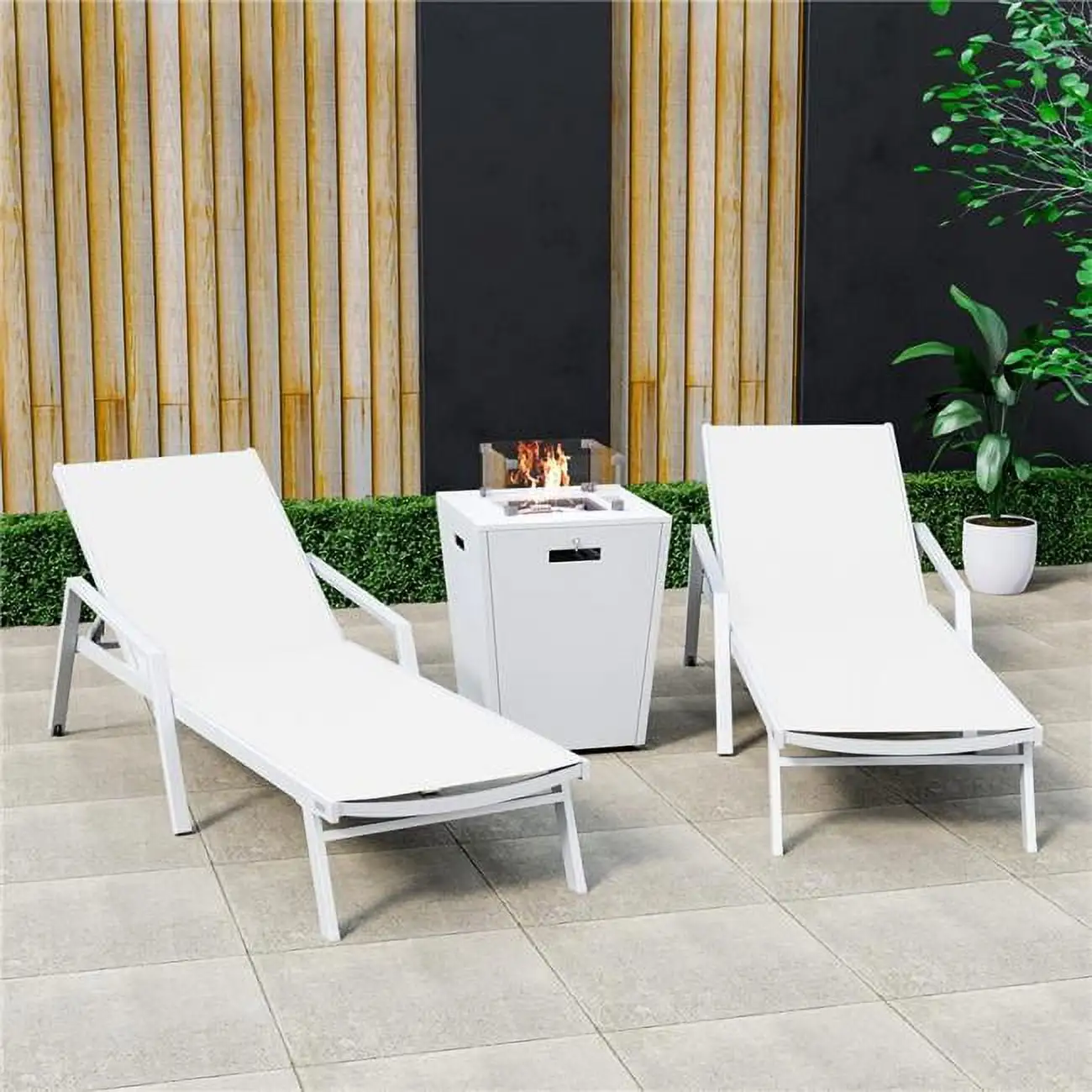 32.44 x 21.65 x 21.65 in. Marlin Modern Aluminum Outdoor Patio Chaise Lounge Chair with Arms & Square Fire Pit Side Table Perfect. White - Set of 2