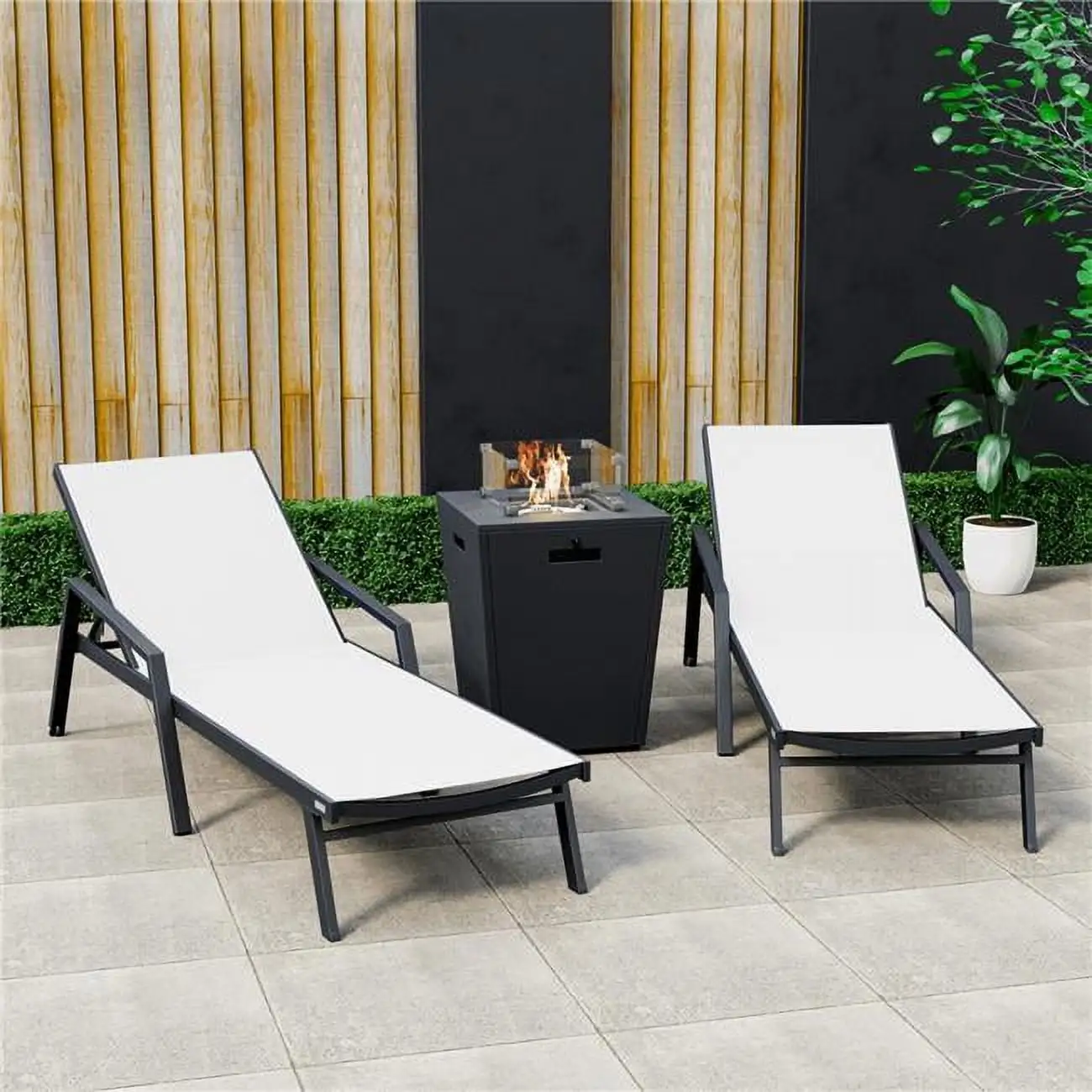 32.44 x 21.65 x 21.65 in. Marlin Modern Aluminum Outdoor Patio Chaise Lounge Chair with Arms & Square Fire Pit Side Table Perfect. White - Set of 2