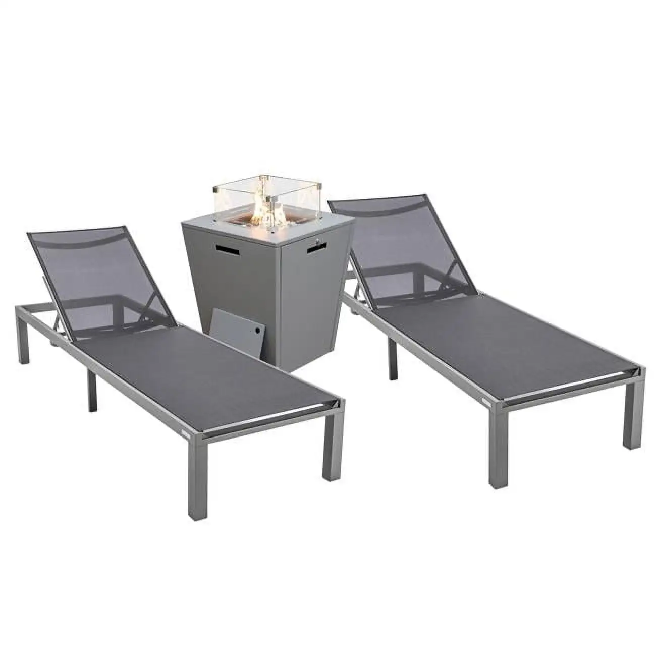 32.44 x 21.65 x 21.65 in. Marlin Modern Aluminum Outdoor Patio Chaise Lounge Chair with Square Fire Pit Side Table Perfect. Black - Set of 2