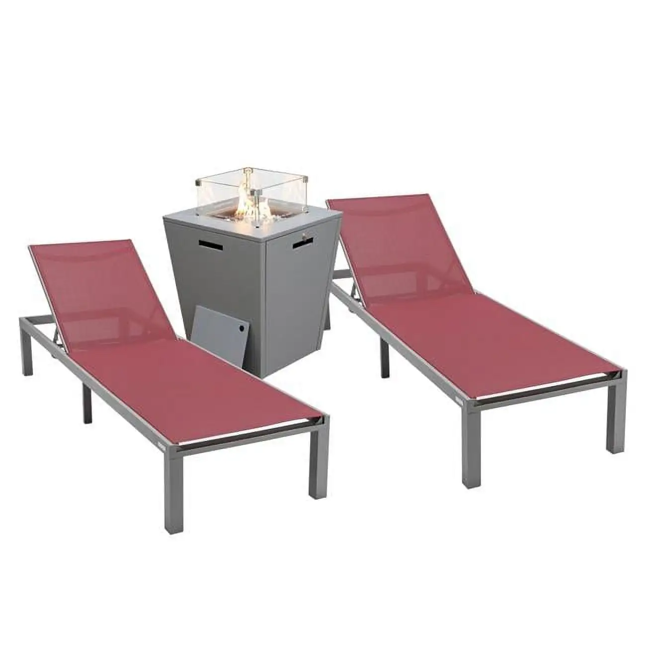 32.44 x 21.65 x 21.65 in. Marlin Modern Aluminum Outdoor Patio Chaise Lounge Chair with Square Fire Pit Side Table Perfect. Burgundy - Set of 2