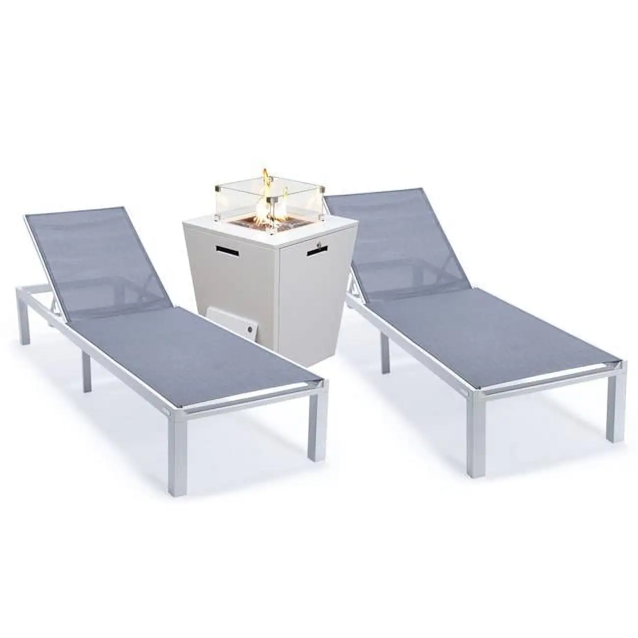 32.44 x 21.65 x 21.65 in. Marlin Modern Aluminum Outdoor Patio Chaise Lounge Chair with Square Fire Pit Side Table Perfect. Dark Grey - Set of 2