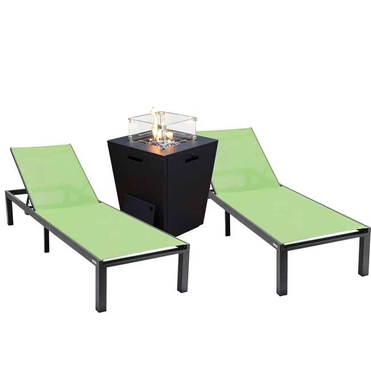 32.44 x 21.65 x 21.65 in. Marlin Modern Aluminum Outdoor Patio Chaise Lounge Chair with Square Fire Pit Side Table Perfect. Green - Set of 2