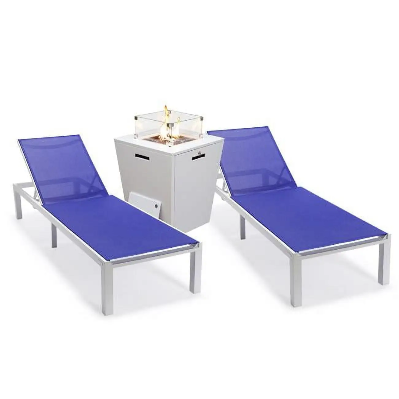 32.44 x 21.65 x 21.65 in. Marlin Modern Aluminum Outdoor Patio Chaise Lounge Chair with Square Fire Pit Side Table Perfect. Navy Blue - Set of 2