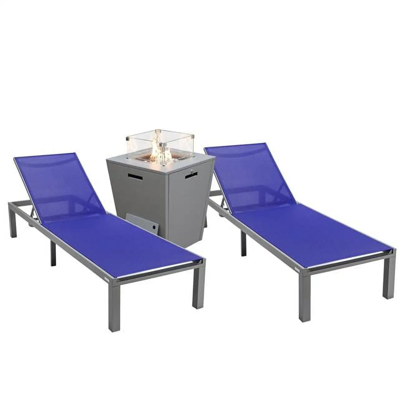 32.44 x 21.65 x 21.65 in. Marlin Modern Aluminum Outdoor Patio Chaise Lounge Chair with Square Fire Pit Side Table Perfect. Navy Blue - Set of 2