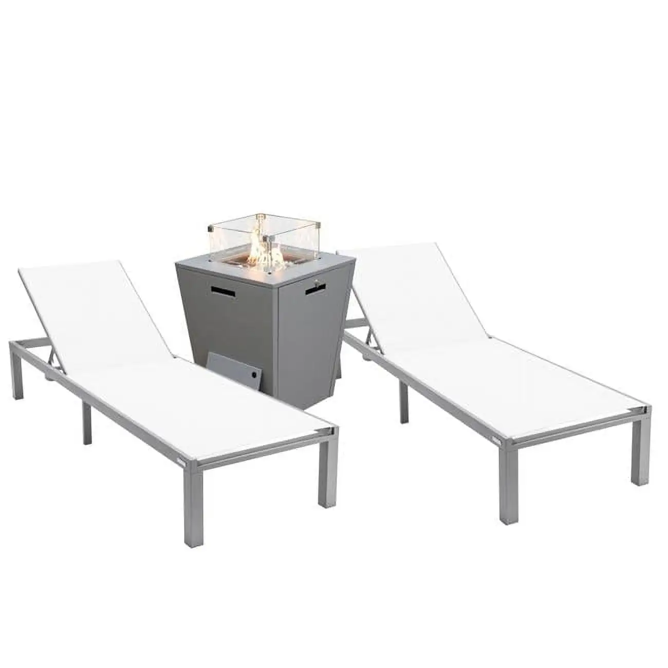 32.44 x 21.65 x 21.65 in. Marlin Modern Aluminum Outdoor Patio Chaise Lounge Chair with Square Fire Pit Side Table Perfect. White - Set of 2