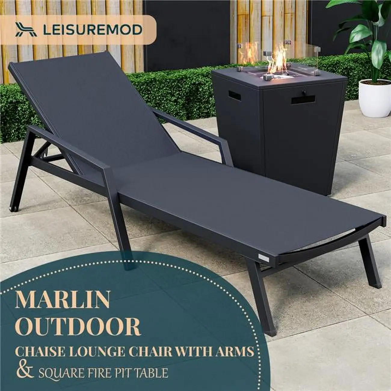 32.44 x 21.65 x 21.65 in. Marlin Modern Black Aluminum Outdoor Patio Chaise Lounge Chair with Arms & Square Fire Pit Side Table Perfect. Black