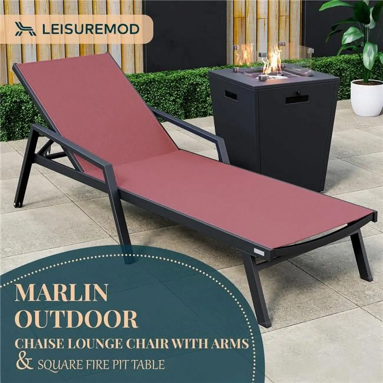 32.44 x 21.65 x 21.65 in. Marlin Modern Black Aluminum Outdoor Patio Chaise Lounge Chair with Arms & Square Fire Pit Side Table Perfect. Burgundy