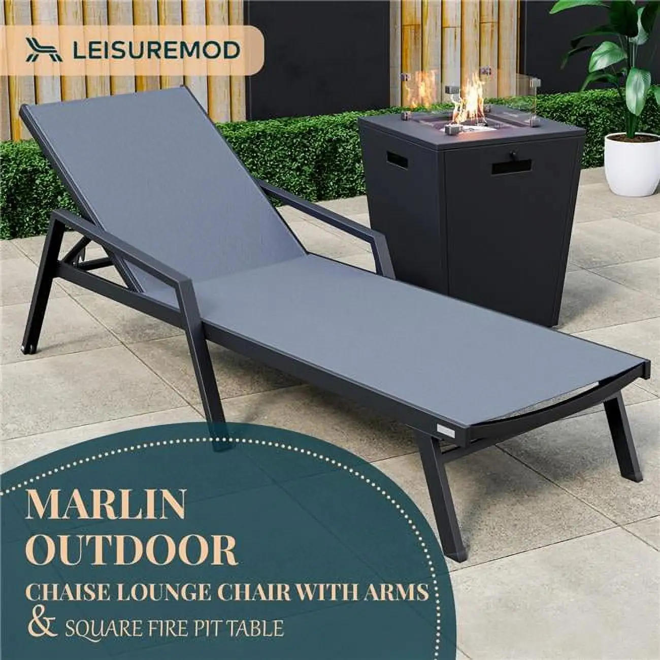 32.44 x 21.65 x 21.65 in. Marlin Modern Black Aluminum Outdoor Patio Chaise Lounge Chair with Arms & Square Fire Pit Side Table Perfect. Dark Grey