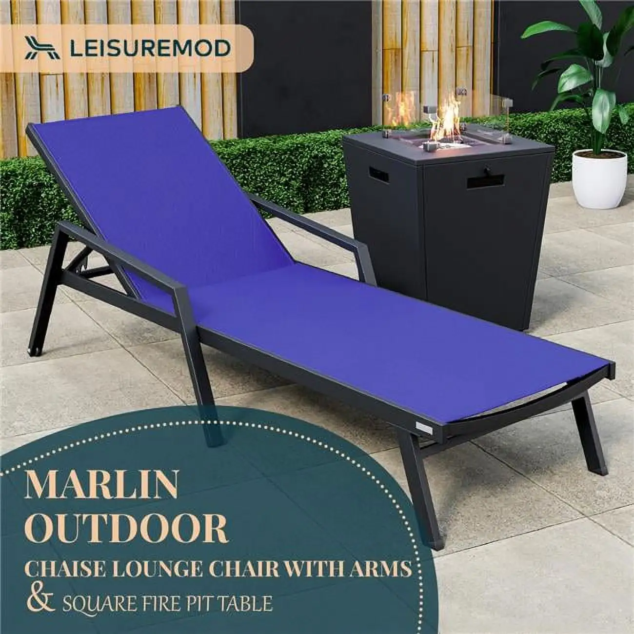 32.44 x 21.65 x 21.65 in. Marlin Modern Black Aluminum Outdoor Patio Chaise Lounge Chair with Arms & Square Fire Pit Side Table Perfect. Navy Blue