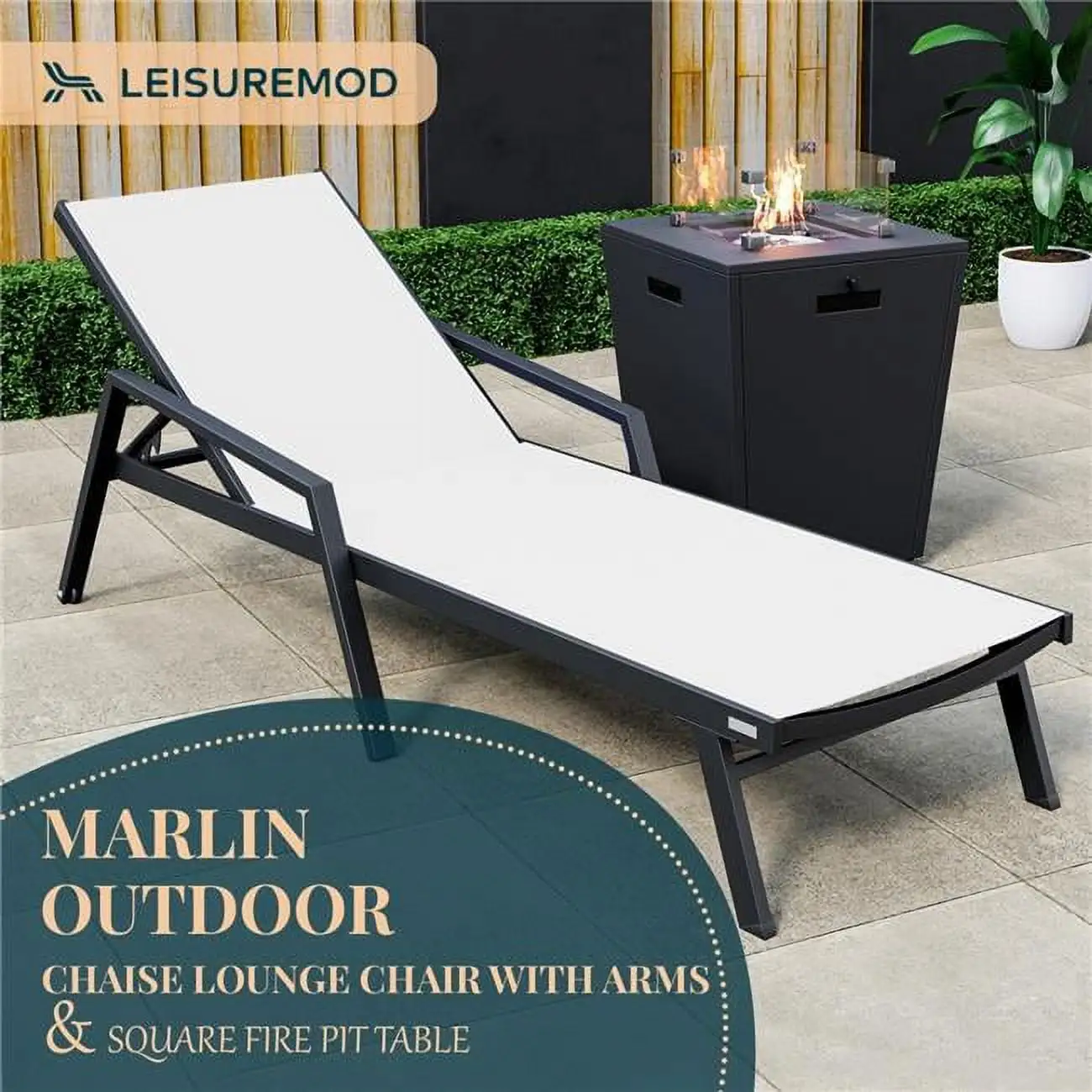 32.44 x 21.65 x 21.65 in. Marlin Modern Black Aluminum Outdoor Patio Chaise Lounge Chair with Arms & Square Fire Pit Side Table Perfect. White