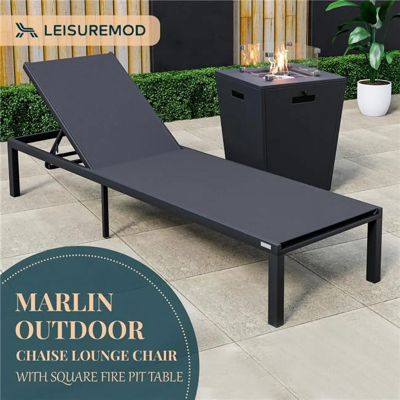 32.44 x 21.65 x 21.65 in. Marlin Modern Black Aluminum Outdoor Patio Chaise Lounge Chair with Square Fire Pit Side Table Perfect. Black