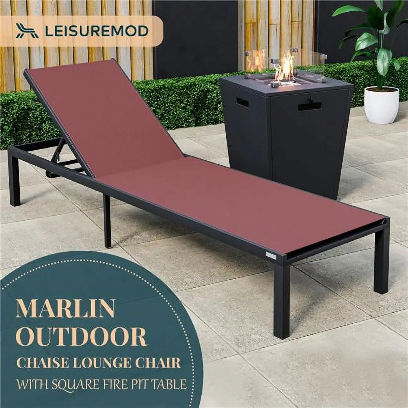 32.44 x 21.65 x 21.65 in. Marlin Modern Black Aluminum Outdoor Patio Chaise Lounge Chair with Square Fire Pit Side Table Perfect. Burgundy