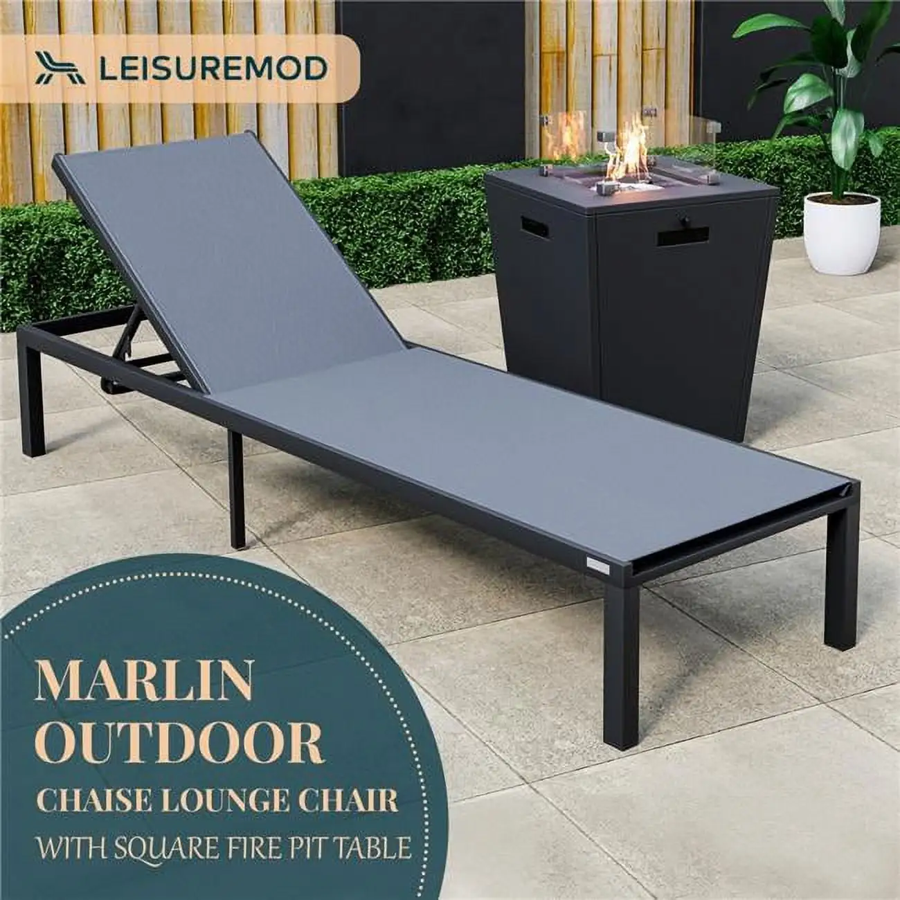 32.44 x 21.65 x 21.65 in. Marlin Modern Black Aluminum Outdoor Patio Chaise Lounge Chair with Square Fire Pit Side Table Perfect. Dark Grey