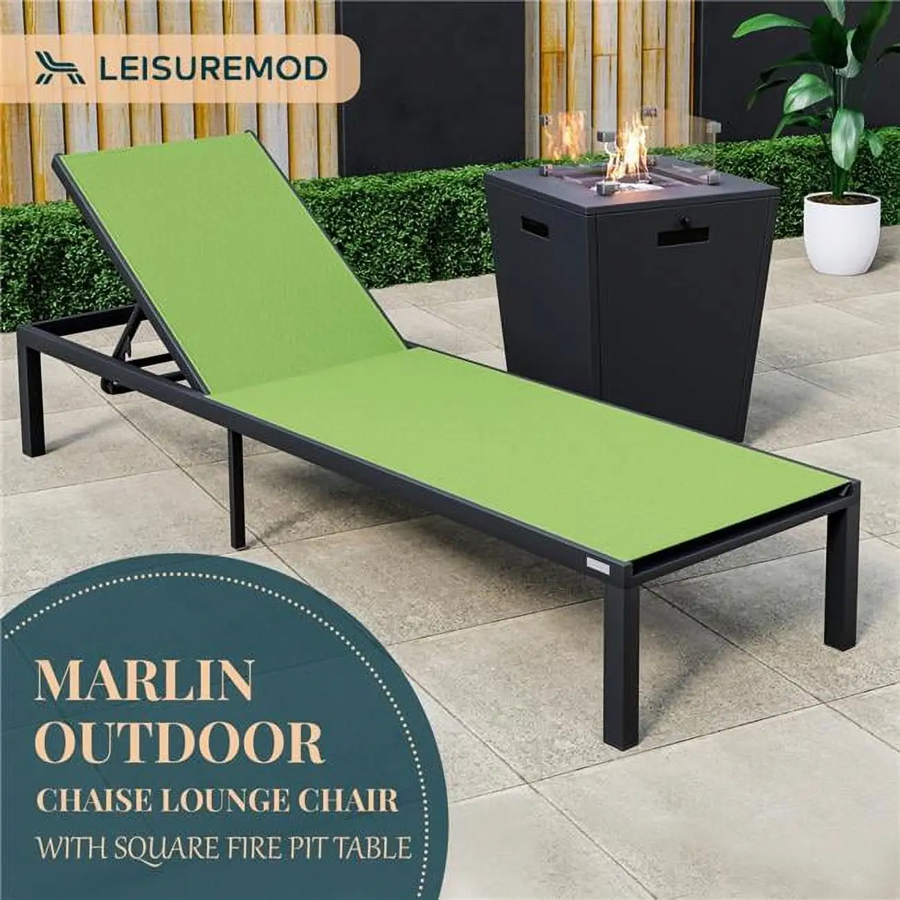 32.44 x 21.65 x 21.65 in. Marlin Modern Black Aluminum Outdoor Patio Chaise Lounge Chair with Square Fire Pit Side Table Perfect. Green