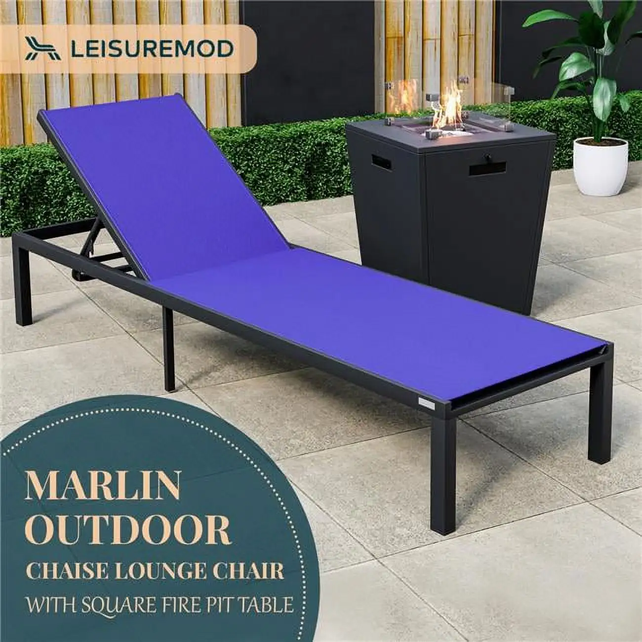 32.44 x 21.65 x 21.65 in. Marlin Modern Black Aluminum Outdoor Patio Chaise Lounge Chair with Square Fire Pit Side Table Perfect. Navy Blue