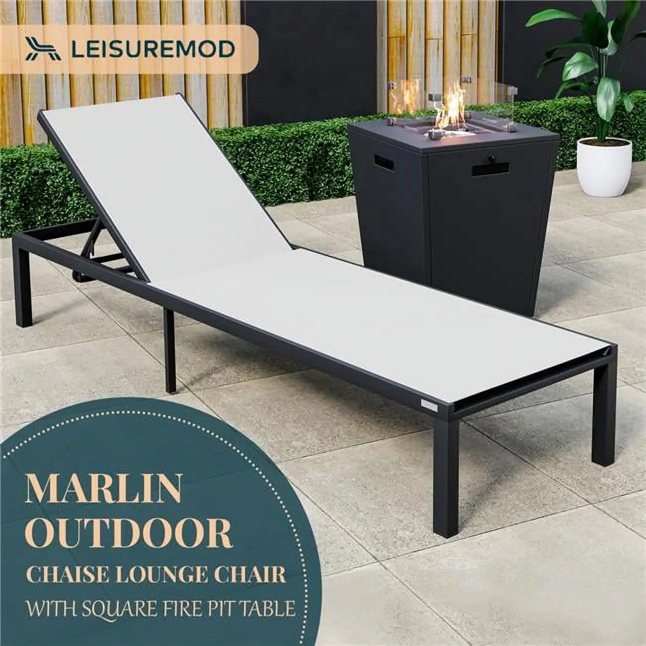 32.44 x 21.65 x 21.65 in. Marlin Modern Black Aluminum Outdoor Patio Chaise Lounge Chair with Square Fire Pit Side Table Perfect. White