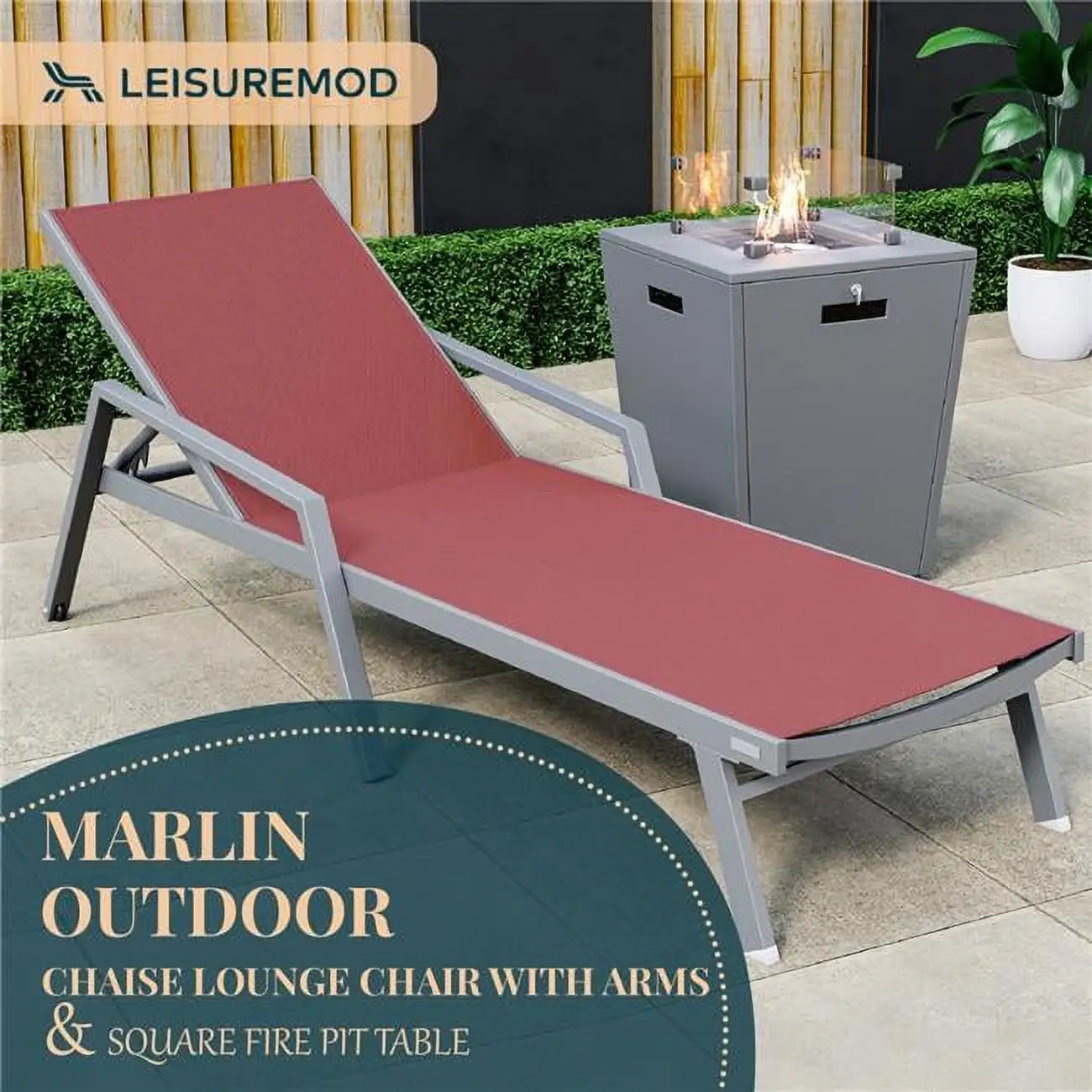 32.44 x 21.65 x 21.65 in. Marlin Modern Grey Aluminum Outdoor Patio Chaise Lounge Chair with Arms & Square Fire Pit Side Table Perfect. Burgundy