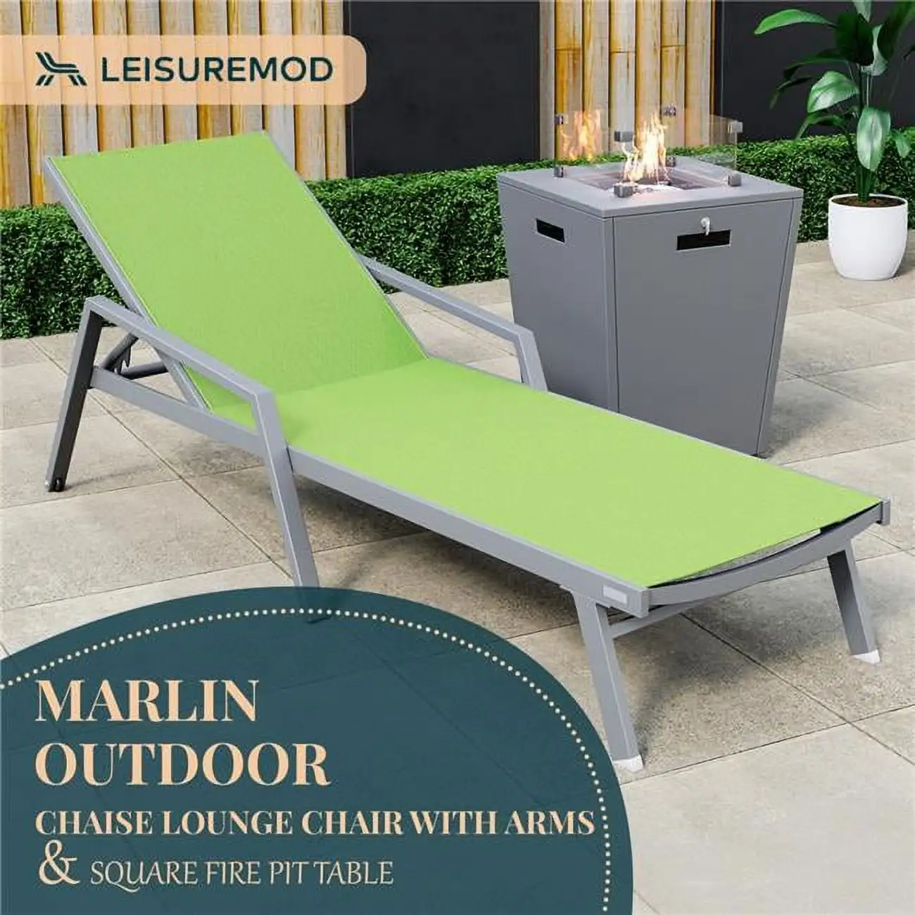 32.44 x 21.65 x 21.65 in. Marlin Modern Grey Aluminum Outdoor Patio Chaise Lounge Chair with Arms & Square Fire Pit Side Table Perfect. Green