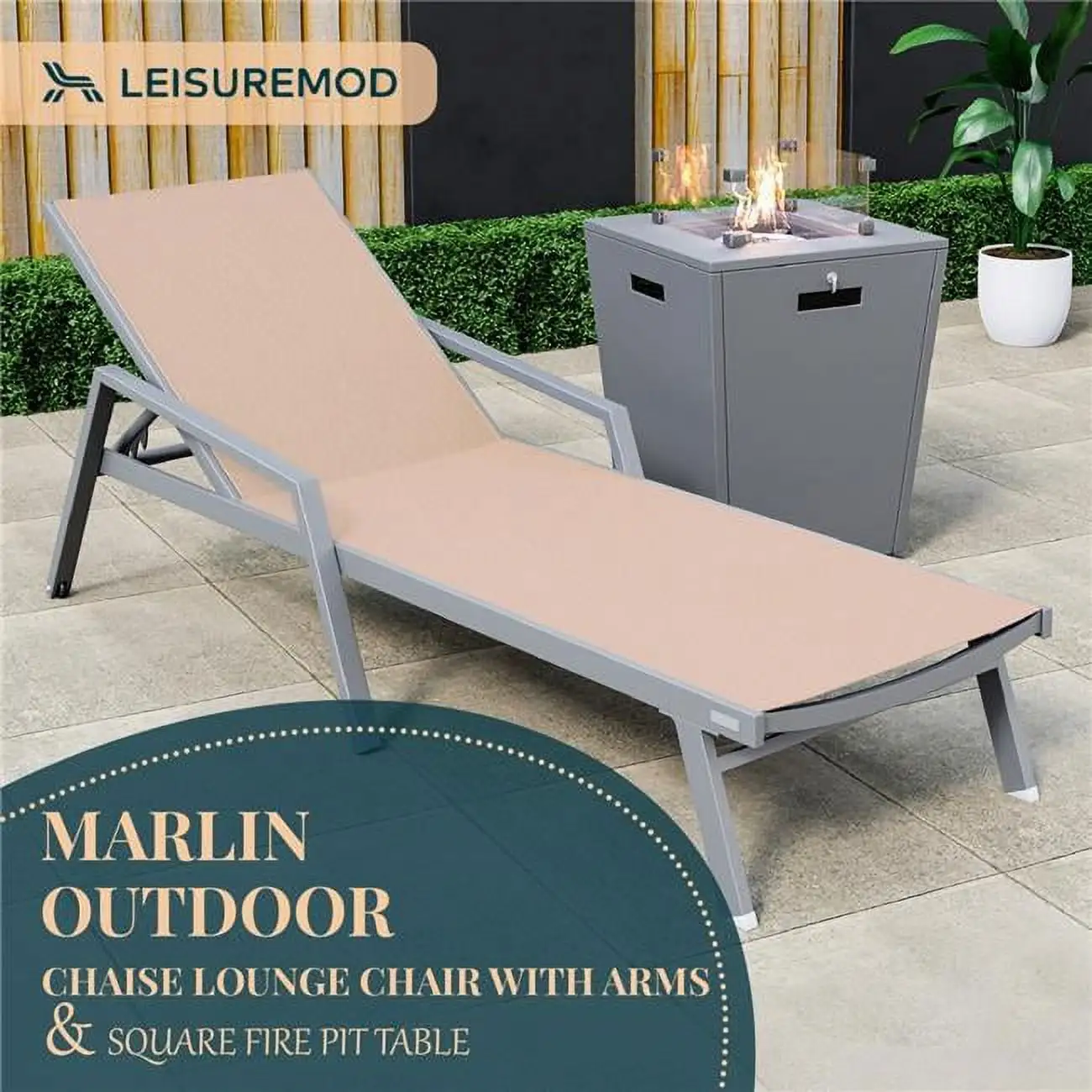 32.44 x 21.65 x 21.65 in. Marlin Modern Grey Aluminum Outdoor Patio Chaise Lounge Chair with Arms & Square Fire Pit Side Table Perfect. Light Brown