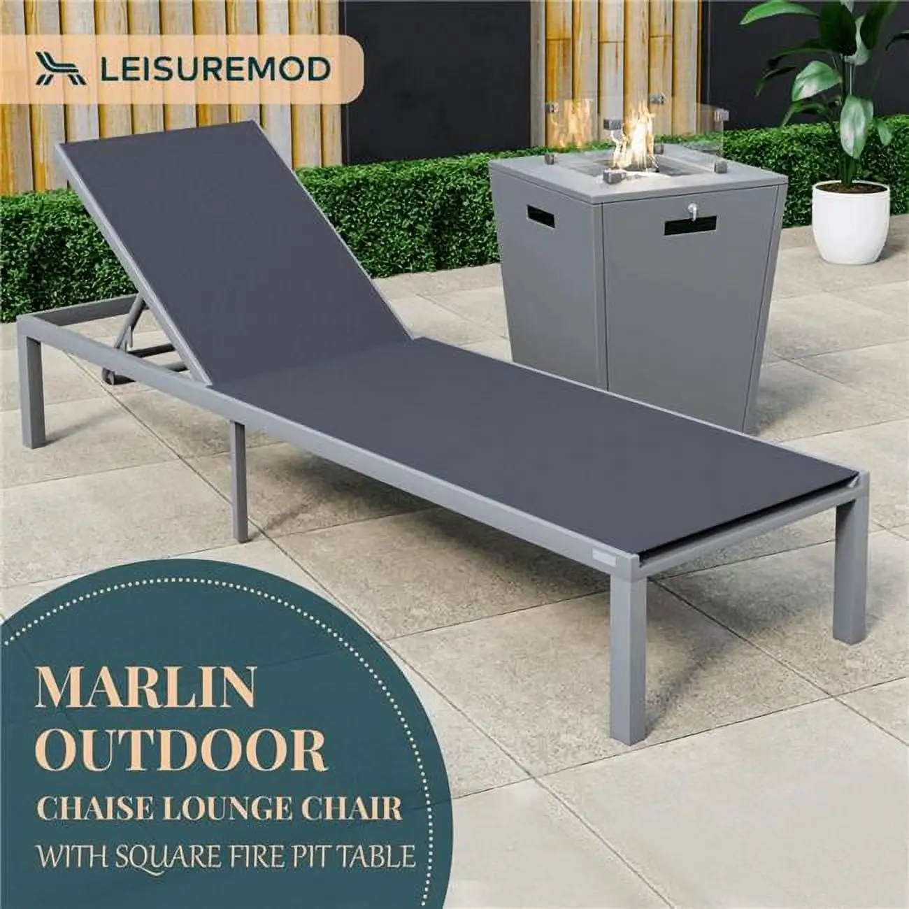 32.44 x 21.65 x 21.65 in. Marlin Modern Grey Aluminum Outdoor Patio Chaise Lounge Chair with Square Fire Pit Side Table Perfect. Black