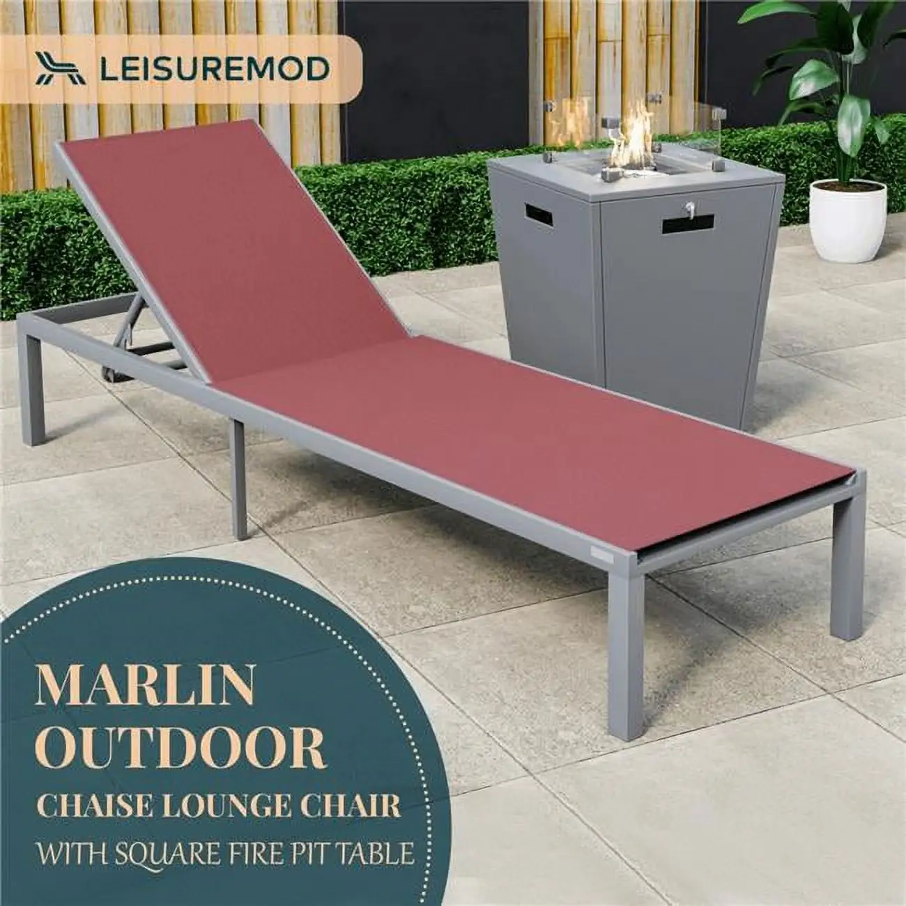 32.44 x 21.65 x 21.65 in. Marlin Modern Grey Aluminum Outdoor Patio Chaise Lounge Chair with Square Fire Pit Side Table Perfect. Burgundy